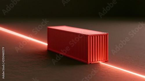 single red shipping container placed across a glowing route line that stops abruptly, dark neutral background