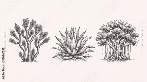 Premium engraved illustration of plants featuring a Joshua tree, agave, and banyan tree isolated on a light background