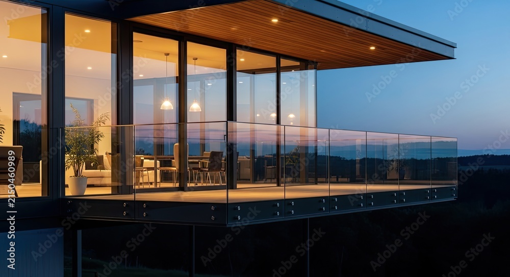 Naklejka premium Modern home balcony with glass railings & evening view of landscape and interior lights