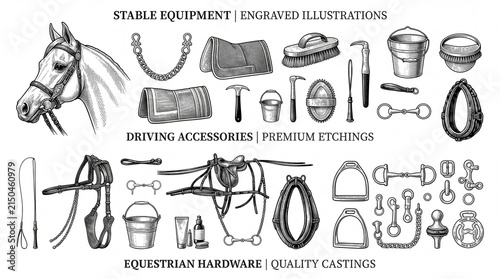 Premium engraved illustrations of stable equipment, driving accessories and equestrian hardware on a transparent background