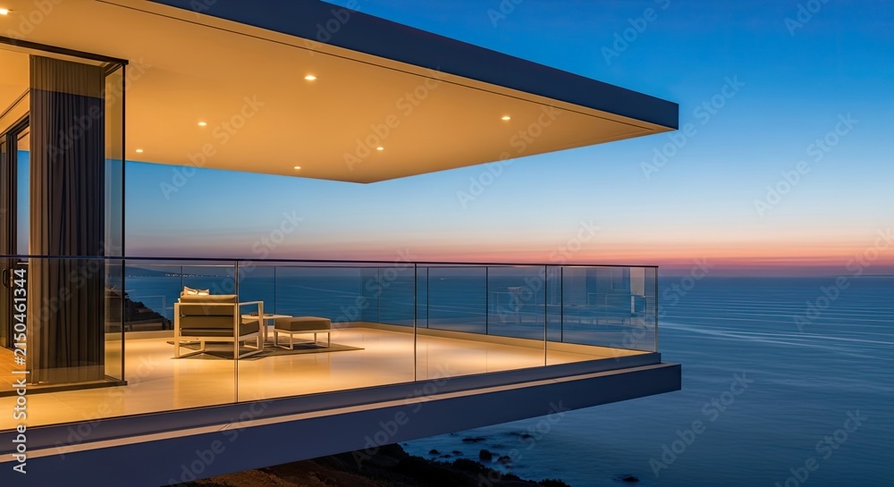 Fototapeta premium Modern luxury home balcony overlooking ocean at dusk with seating and glass railing