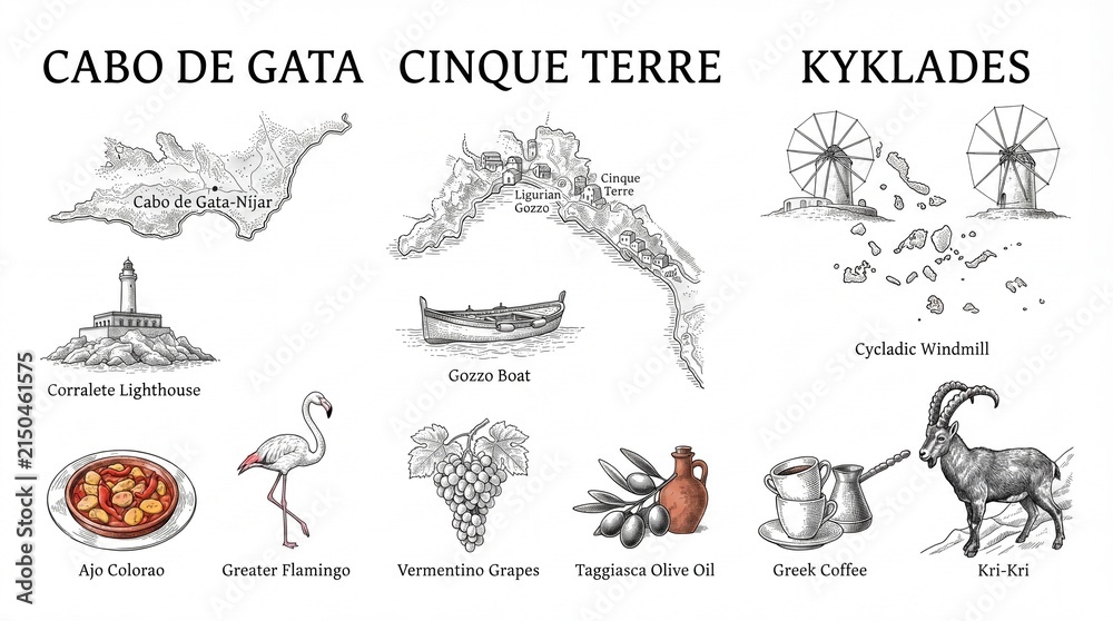 Obraz premium Engraved illustration of locations, landmarks, and cultural symbols in Cabo de Gata, Cinque Terre, and Kyklades