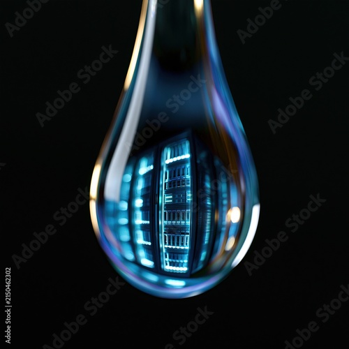 transparent water droplet containing the reflection of one glowing server cabinet, black background, data center cooling