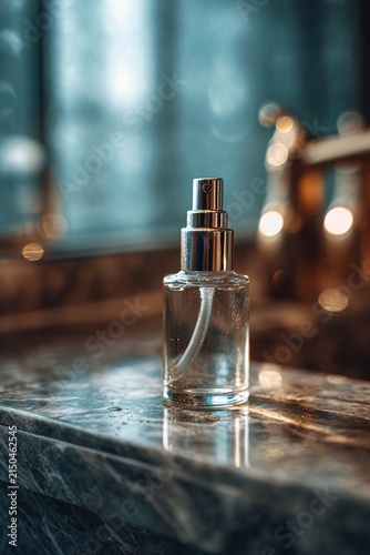 Unbranded pump bottle on wet marble, sharp reflection, subtle bokeh, luxury bathroom vibe