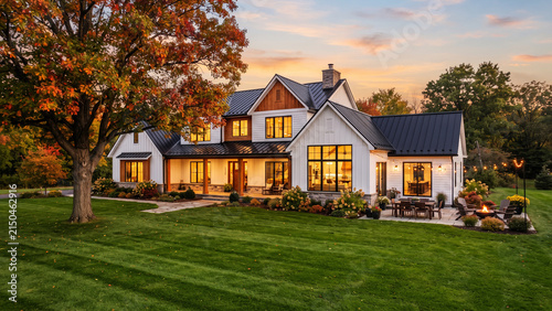 Konstfotografi Modern farmhouse home exterior at twilight with warm interior lighting, cozy res