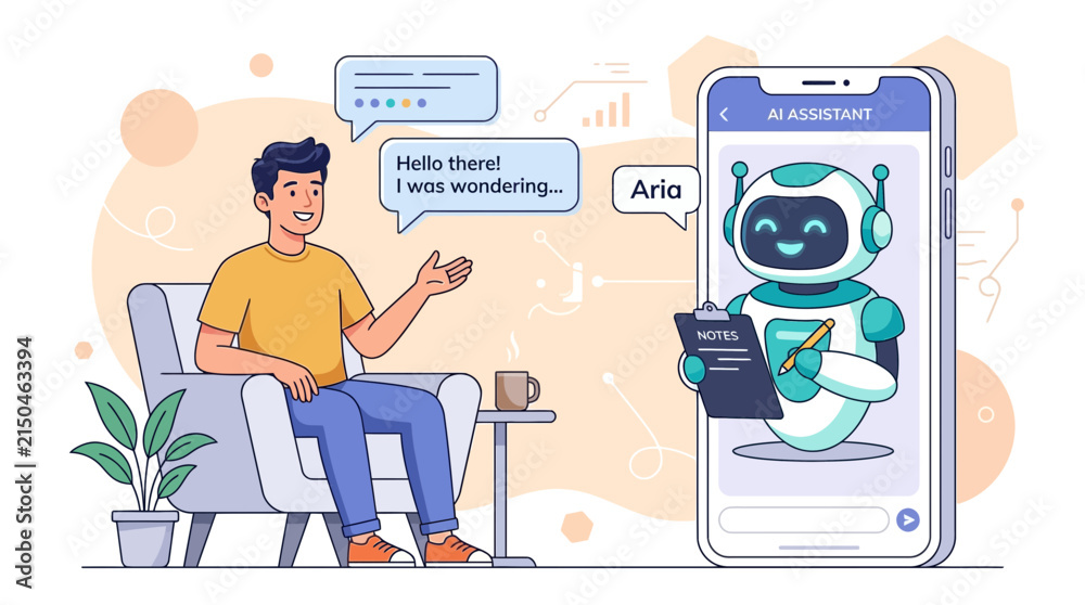 Fototapeta premium Young man interacts with a digital chatbot assistant via mobile phone in this clean vector illustration