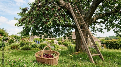 Cherries hang on a tree with a wooden ladder and basket nearby.