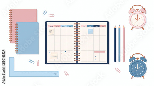 Cute stationery flat lay with planner, notebooks, pencils, and alarm clocks