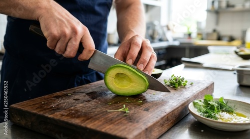 A person slices avocado on a wooden cutting board in a bright kitchen.