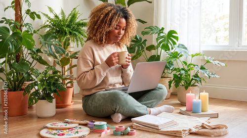 Young woman enjoying coffee and working on her laptop surrounded by houseplants