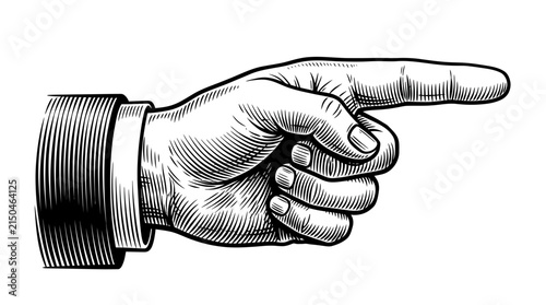 Detailed vintage woodcut vector illustration of a pointing hand gesture with sharp black ink lines