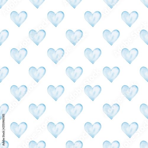 Watercolor blue hearts seamless pattern. Romantic hand-drawn background.