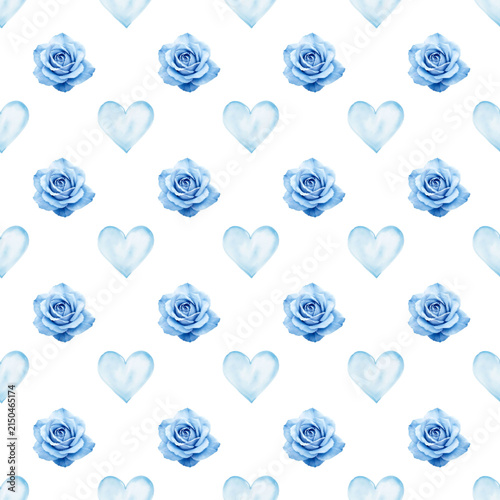 Watercolor blue roses and hearts seamless pattern. Romantic floral design.