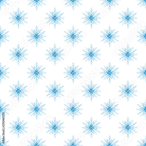 Watercolor blue snowflakes seamless pattern. Winter holiday background.