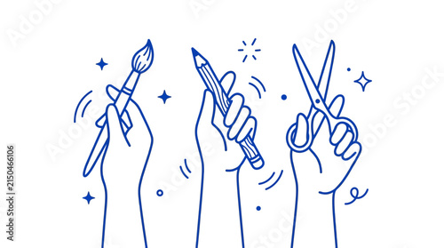 Creative hands holding essential art supplies in a minimal blue monochrome vector graphic style design