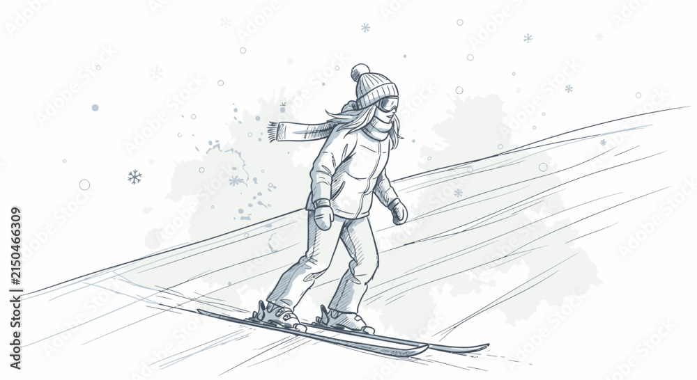 Fototapeta premium woman skiing down snowy slope in winter gear