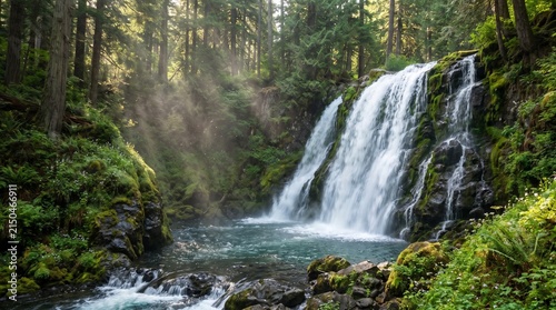 Fotografie Majestic waterfall cascading over mossy rocks into a tranquil forest pool with v