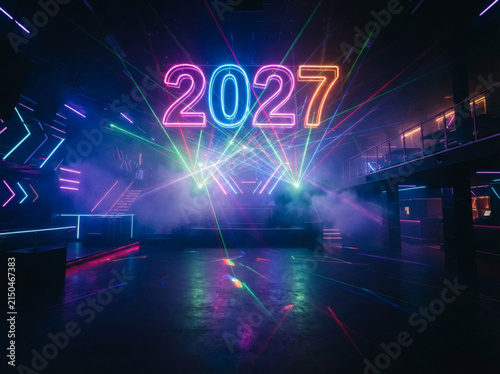 Futuristic 2027 Neon Year Text. Sci-Fi Digital Stage Show with Lasers. Nightlife Club Party Concept Background.
