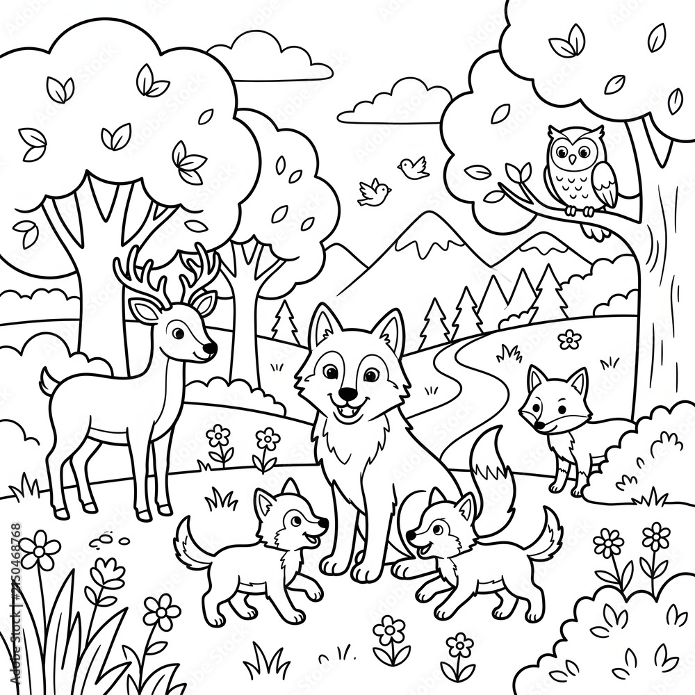 Obraz premium Cute cartoon animals gathered around a tree in a forest.