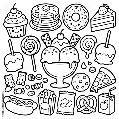 Collection of various cartoon style kitchen utensils and appliances.
