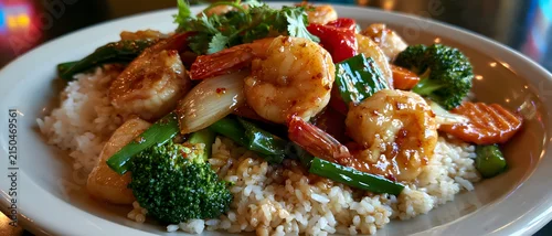 Obraz  z motywem Shrimp and vegetable stir fry with rice a colorful culinary presentation asian cuisine broccoli carrot delicious dinner dish eating food foodie fresh garnish