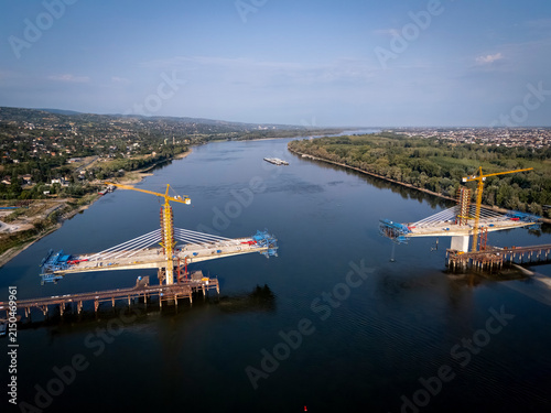 Aerial View of a New Bridge Under Construction over the Danube in Novi Sad, Serbia