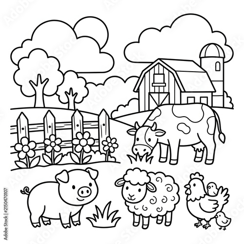 Children playing in a farmyard with animals and house.