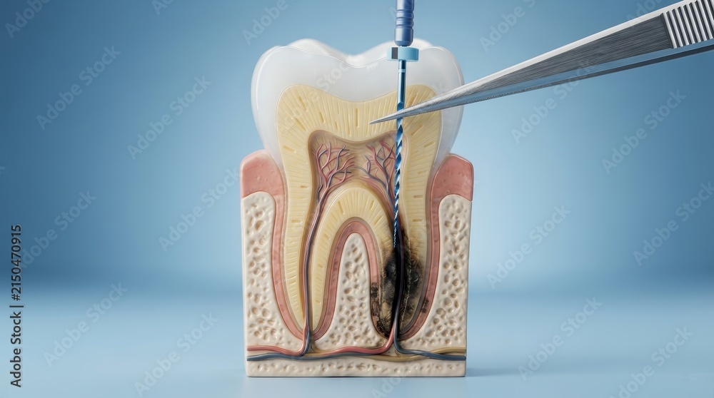 Obraz premium Anatomical tooth cross-section model showing an infected root canal with a dental file in tweezers for endodontic treatment.