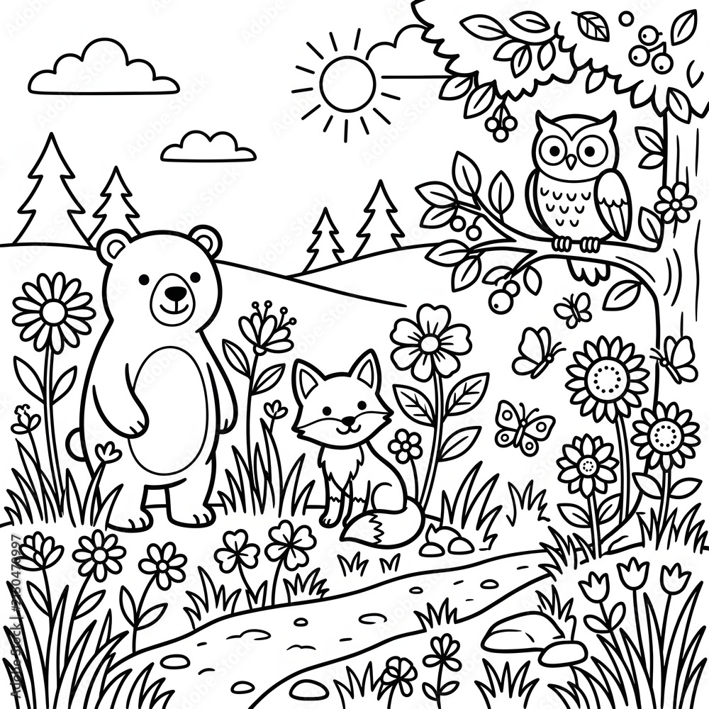 Fototapeta premium Cute cartoon fox with flowers and butterflies in nature scene.