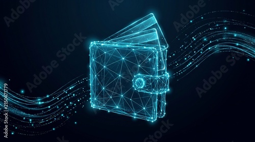 Digital crypto wallet icon in glowing blue wireframe. Futuristic electronic payment concept. Cyber security and blockchain finance technology.