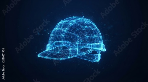 Abstract construction technology design with a glowing blue wireframe protection helmet for industrial work.