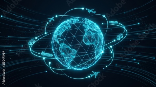 Global logistics network with digital earth globe. Futuristic transportation icons and data lines. Worldwide shipping and supply chain concept.