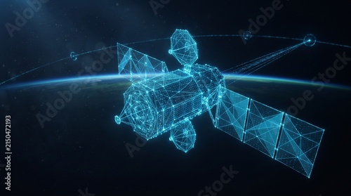 Futuristic digital satellite wireframe orbiting Earth, glowing blue telecommunications satellite in space, global network connection concept