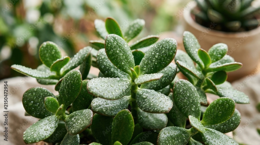 Fototapeta premium Close-up of a healthy jade plant with water droplets on its leaves.