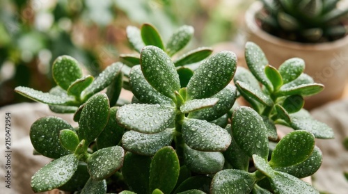 Close-up of a healthy jade plant with water droplets on its leaves.