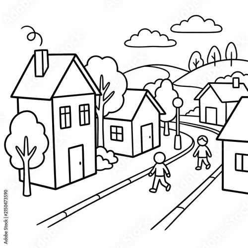 Fotografie Cute cartoon dog walking in a quaint village.