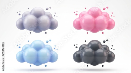 Set of 3d glossy clouds in different colors, purple, pink, blue and dark grey, isolated on white background