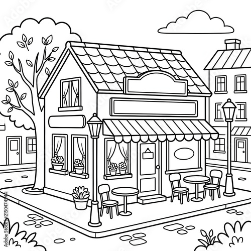Black and white illustration of a quaint house with a garden.