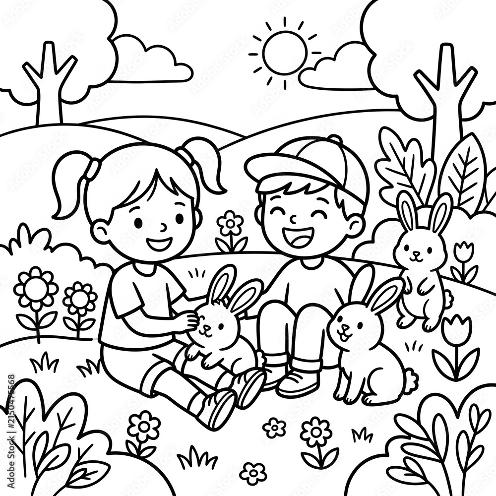 Fototapeta premium Two children enjoying a sunny day outdoors with flowers.