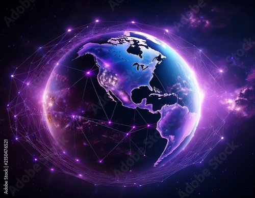 futuristic earth with purple nebula and communication plexus