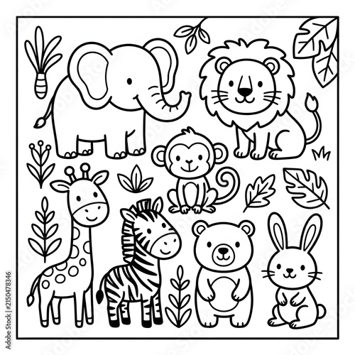 Cute cartoon animals and plants in a playful garden scene.