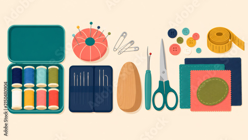 Overhead view of a complete sewing kit for mending, tailoring, and creative craft projects