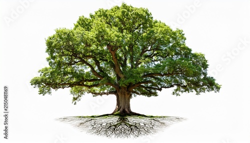 large oak tree with roots isolated on white background
