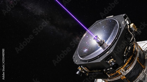 A futuristic space satellite fires a bright purple laser beam into the deep dark of outer space.