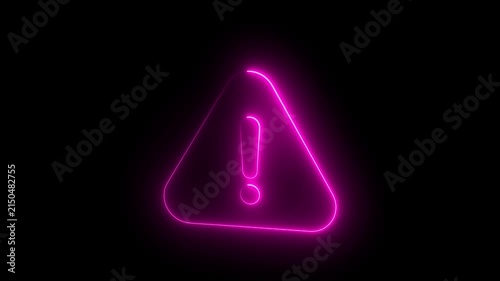 Glowing neon pink exclamation mark warning sign animation on black background