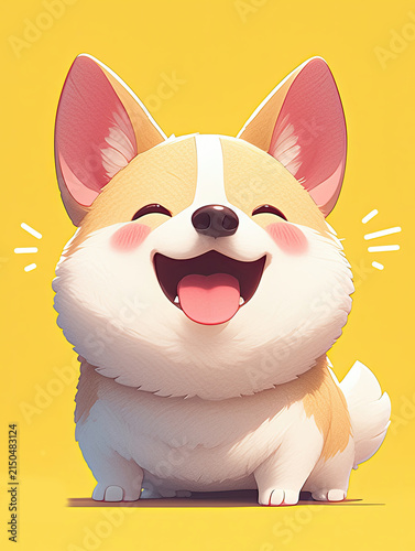 A vibrant, smiling corgi walking with cheer in a fun and adorable kawaii illustration, radiating happiness.