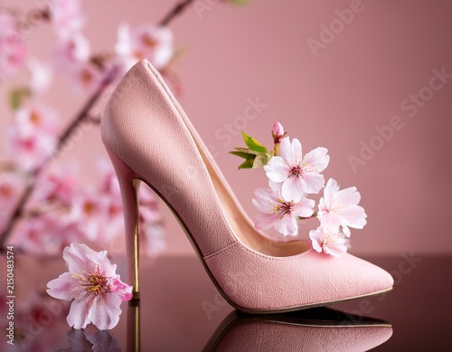 elegant pink high heel pump with cherry blossom flowers in spring fashion still life on a simple background