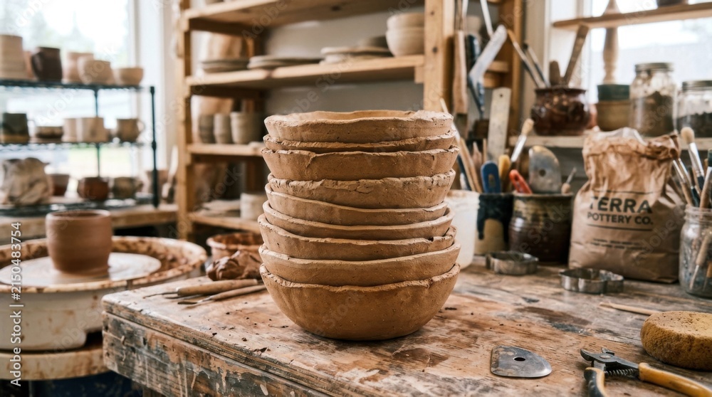 Fototapeta premium Pottery Studio Workspace with Stacked Ceramic Bowls and Tools.