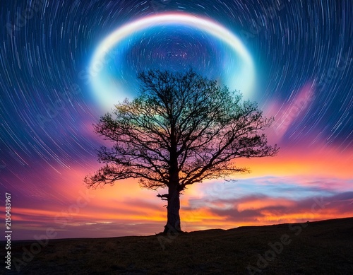 a solitary tree stands tall against a vibrant sky filled with whimsical clouds and a ring of cosmic light