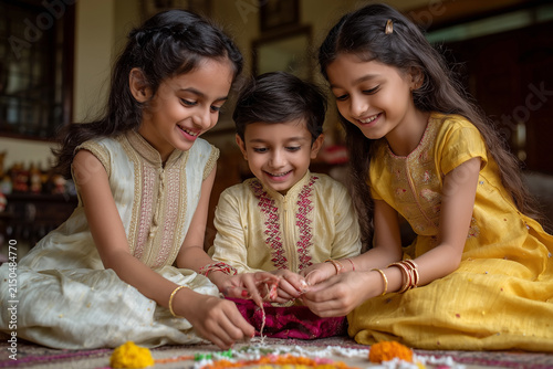 Beautiful Raksha Bandhan festival celebration featuring a loving brother and sister celebrating the sacred bond of siblings, with traditional rakhi, festive decorations, gifts, sweets, and a warm fami